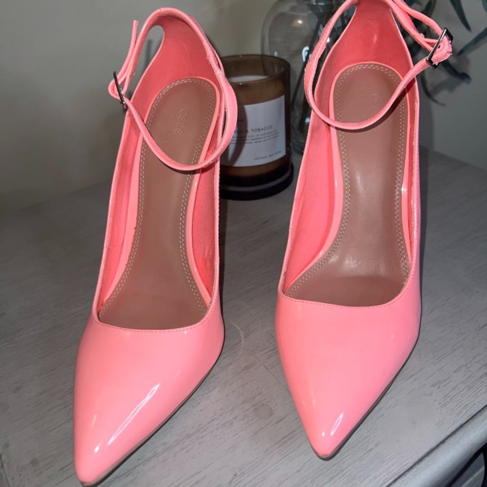 ASOS DESIGN pink patent stilettos with ankle strap